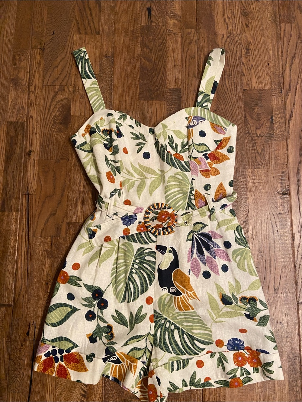 House of Harlow Tropical Leaf Print Linen-Blend Romper in Cream